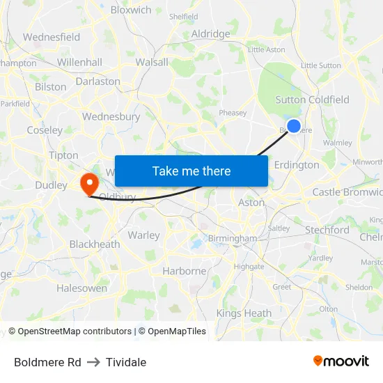 Boldmere Rd to Tividale map