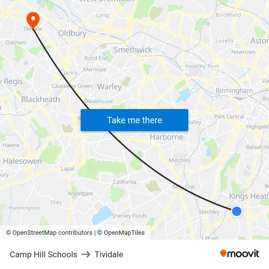 Camp Hill Schools to Tividale map
