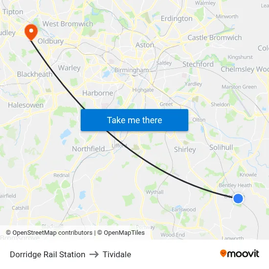 Dorridge Rail Station to Tividale map