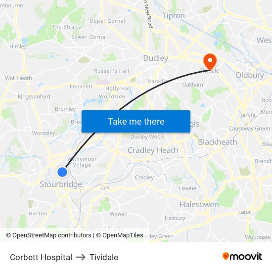 Corbett Hospital to Tividale map