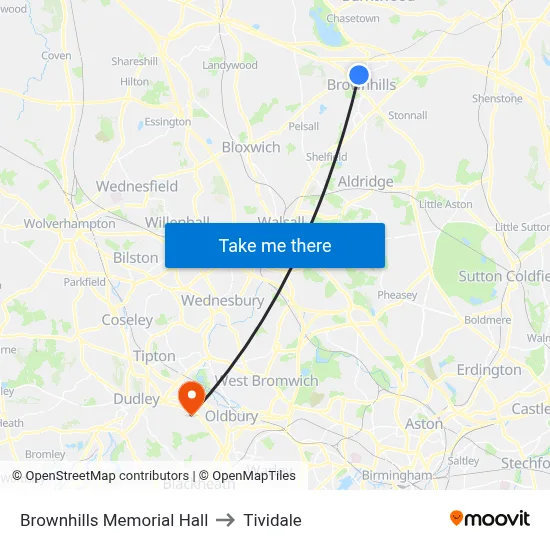 Brownhills Memorial Hall to Tividale map