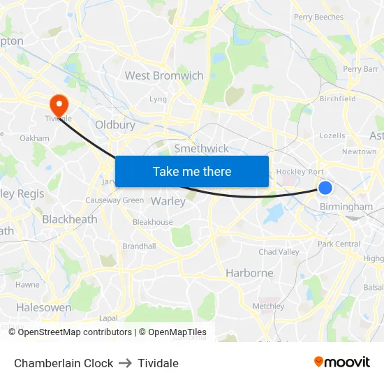 Chamberlain Clock to Tividale map