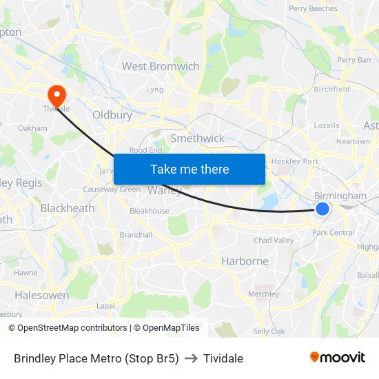 Brindley Place Metro (Stop Br5) to Tividale map