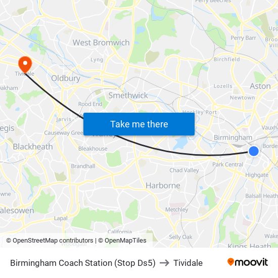 Birmingham Coach Station (Stop Ds5) to Tividale map