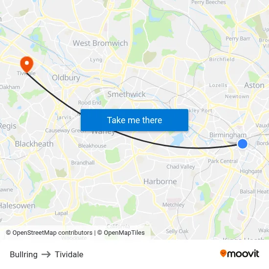 Bullring to Tividale map