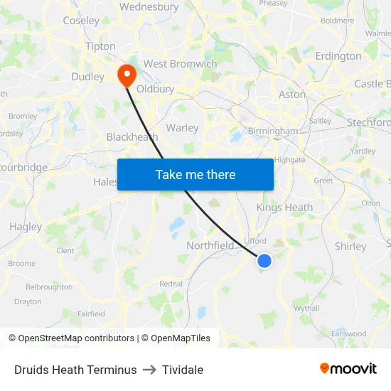 Druids Heath Terminus to Tividale map