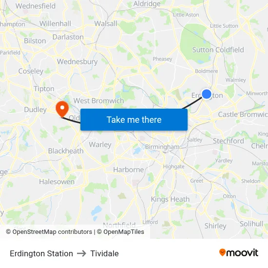 Erdington Station to Tividale map