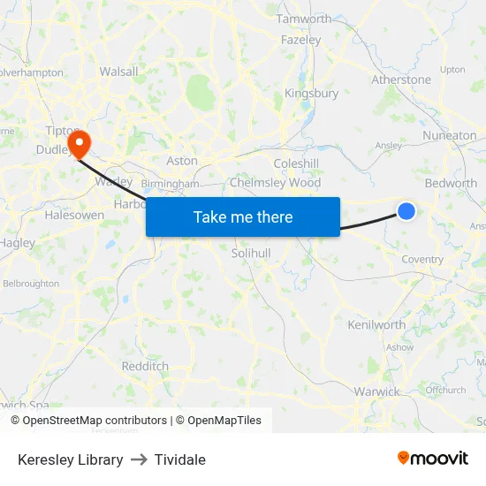 Keresley Library to Tividale map