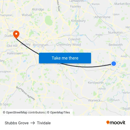 Stubbs Grove to Tividale map