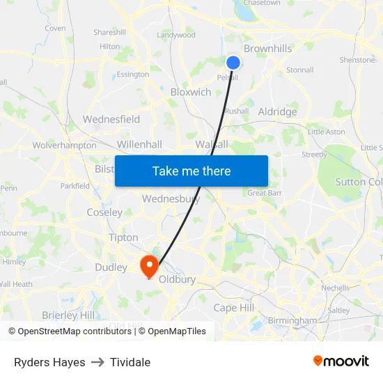 Ryders Hayes to Tividale map