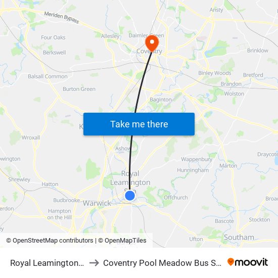 Royal Leamington Spa to Coventry Pool Meadow Bus Station map