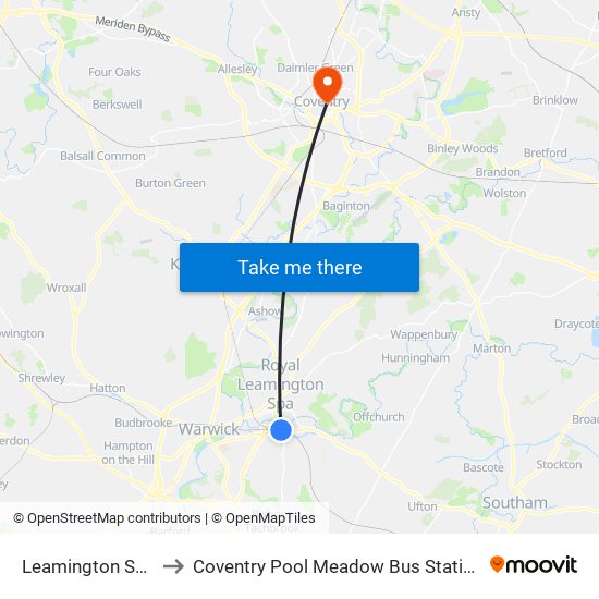 Leamington Spa to Coventry Pool Meadow Bus Station map