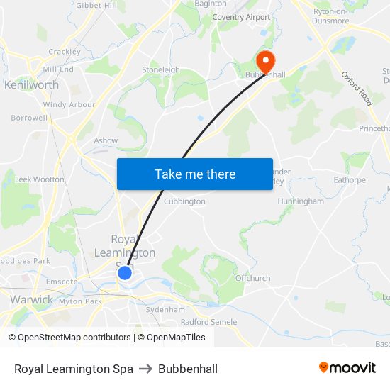 Royal Leamington Spa to Bubbenhall map