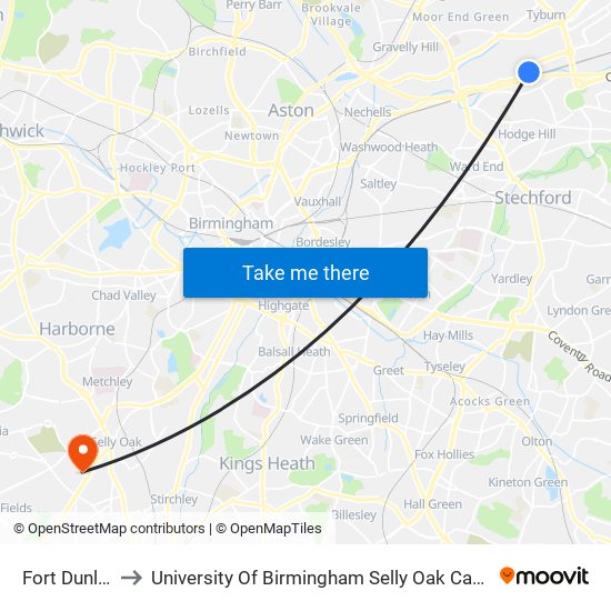 Fort Dunlop to University Of Birmingham Selly Oak Campus map