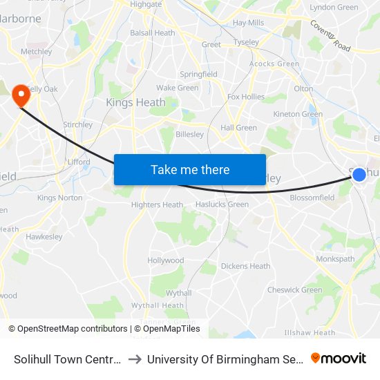 Solihull Town Centre (Stop Sa) to University Of Birmingham Selly Oak Campus map