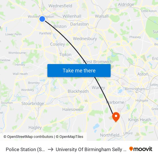 Police Station (Stop Aj1) to University Of Birmingham Selly Oak Campus map