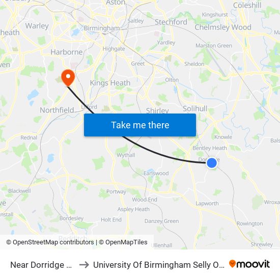 Near Dorridge Station to University Of Birmingham Selly Oak Campus map