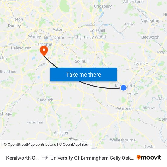 Kenilworth Castle to University Of Birmingham Selly Oak Campus map