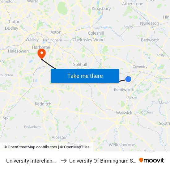 University Interchange (Stop Uw5) to University Of Birmingham Selly Oak Campus map