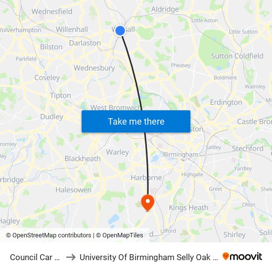 Council Car Park to University Of Birmingham Selly Oak Campus map