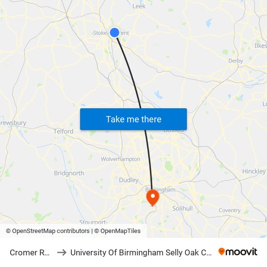 Cromer Road to University Of Birmingham Selly Oak Campus map