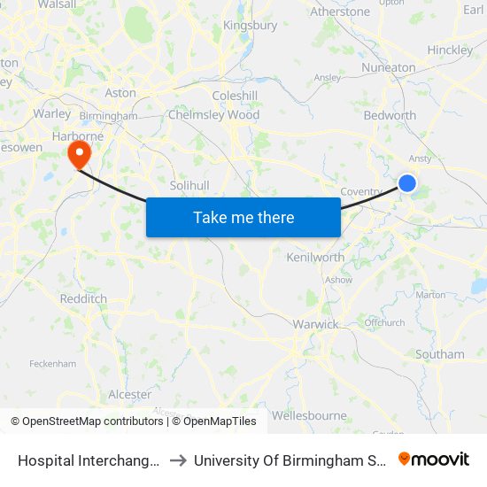 Hospital Interchange (Stop Uh9) to University Of Birmingham Selly Oak Campus map