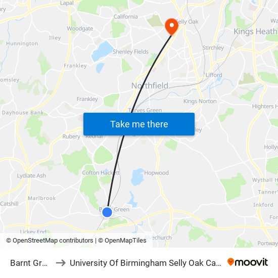 Barnt Green to University Of Birmingham Selly Oak Campus map