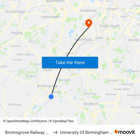 Bromsgrove Railway Station (Stand A) to University Of Birmingham Selly Oak Campus map