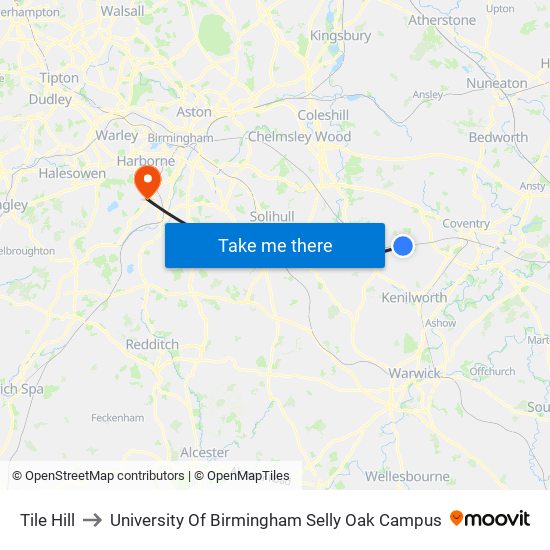 Tile Hill to University Of Birmingham Selly Oak Campus map