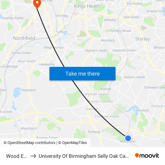 Wood End to University Of Birmingham Selly Oak Campus map