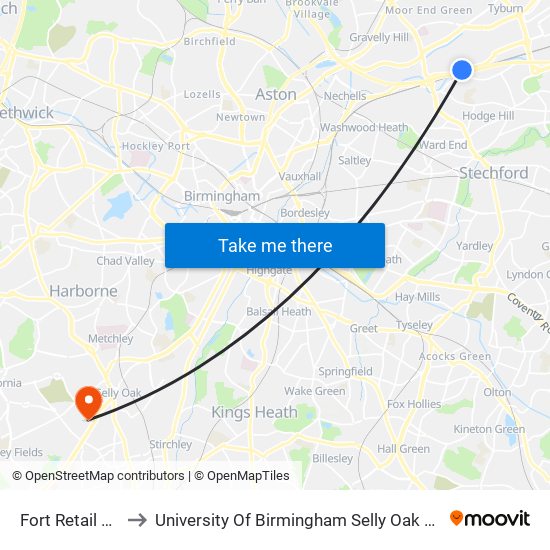 Fort Retail Park to University Of Birmingham Selly Oak Campus map