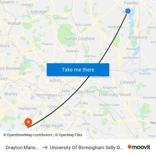 Drayton Manor Park to University Of Birmingham Selly Oak Campus map