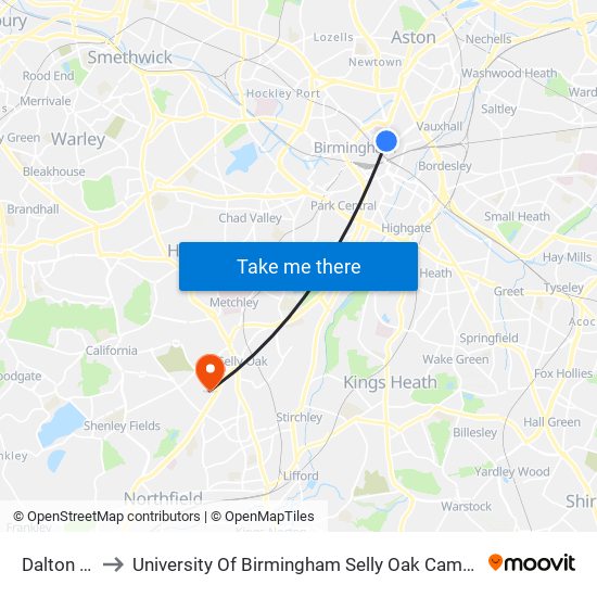 Dalton St to University Of Birmingham Selly Oak Campus map