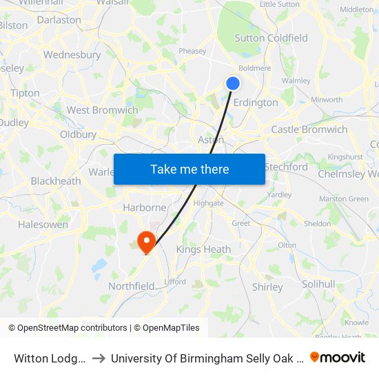 Witton Lodge Rd to University Of Birmingham Selly Oak Campus map