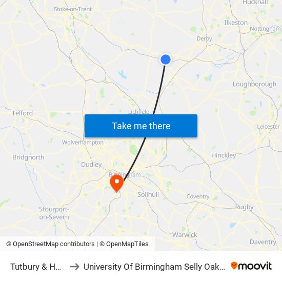 Tutbury & Hatton to University Of Birmingham Selly Oak Campus map