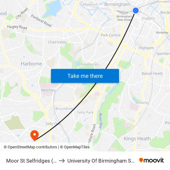 Moor St Selfridges (Stop Ms17) to University Of Birmingham Selly Oak Campus map