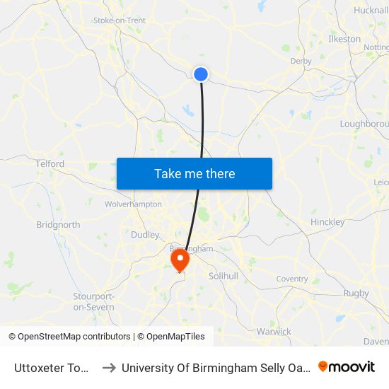 Uttoxeter Town Ctr to University Of Birmingham Selly Oak Campus map