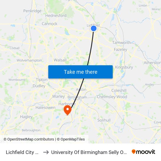 Lichfield City Centre to University Of Birmingham Selly Oak Campus map