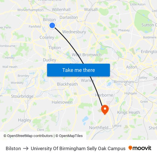 Bilston to University Of Birmingham Selly Oak Campus map