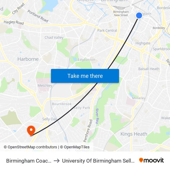 Birmingham Coach Station to University Of Birmingham Selly Oak Campus map