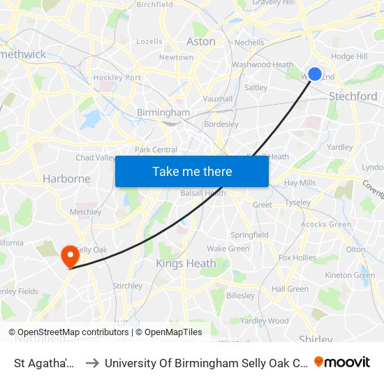 St Agatha's Rd to University Of Birmingham Selly Oak Campus map