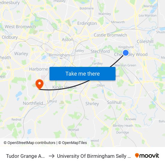 Tudor Grange Academy to University Of Birmingham Selly Oak Campus map