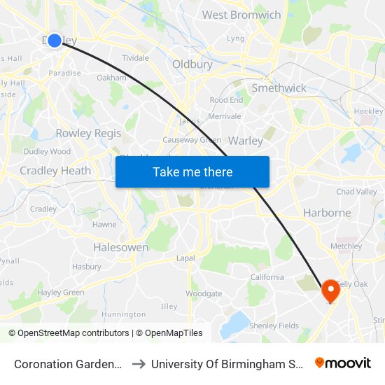 Coronation Gardens (Stop Dy8) to University Of Birmingham Selly Oak Campus map