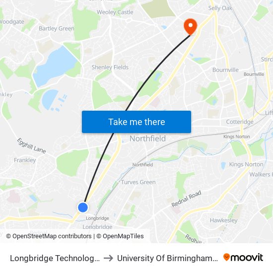 Longbridge Technology Park (Stop Ld) to University Of Birmingham Selly Oak Campus map