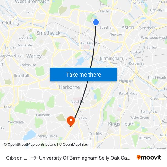 Gibson Rd to University Of Birmingham Selly Oak Campus map