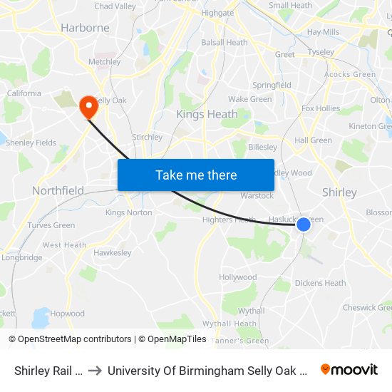 Shirley Rail Stn to University Of Birmingham Selly Oak Campus map