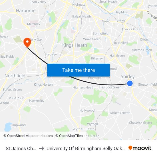 St James Church to University Of Birmingham Selly Oak Campus map