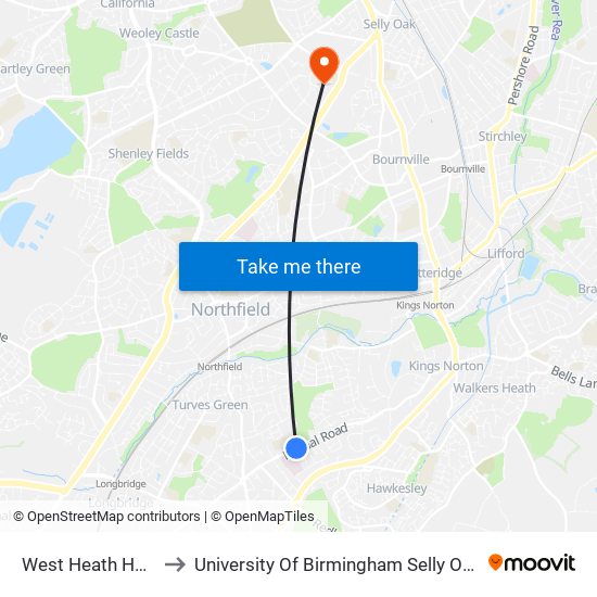 West Heath Hospital to University Of Birmingham Selly Oak Campus map