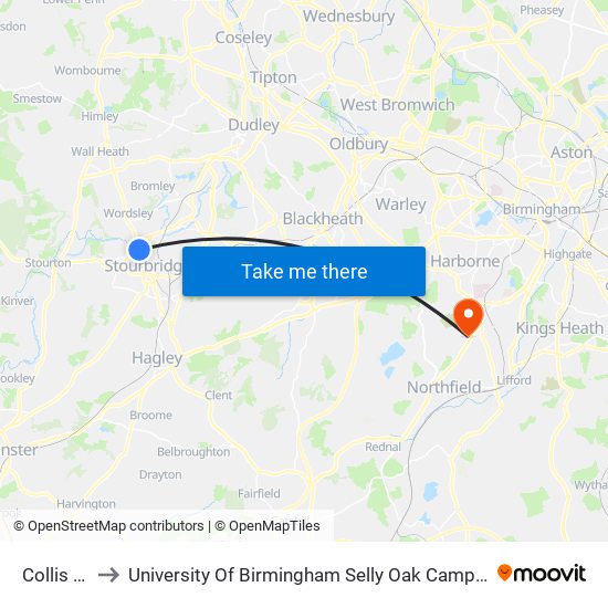 Collis St to University Of Birmingham Selly Oak Campus map