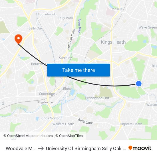 Woodvale Mews to University Of Birmingham Selly Oak Campus map